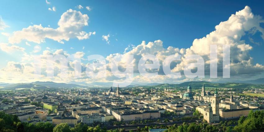 A panoramic vista unfolds, showcasing the city's charming architecture nestled amidst rolling hills, all under a sky painted with fluffy clouds.