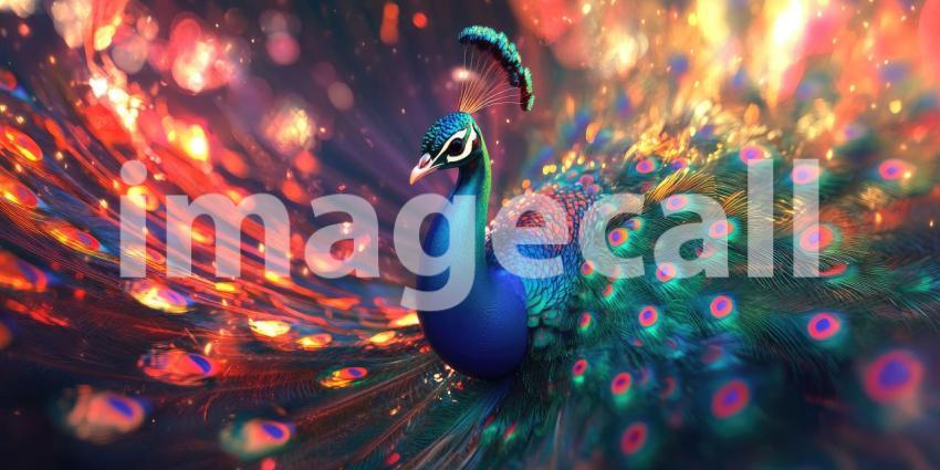 A peacock, resplendent in iridescent plumage, displays a breathtaking array of colors, creating a dazzling spectacle against a backdrop of vibrant lights.