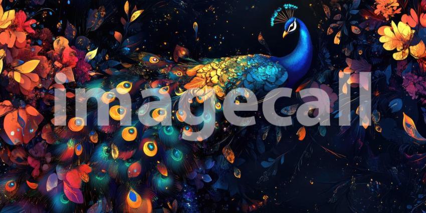 A peacock, resplendent in iridescent plumage, displays a breathtaking array of colors, creating a dazzling spectacle against a backdrop of vibrant lights.
