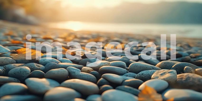 Sunset Stones: Smooth pebbles bask in the warm glow of the setting sun, casting long shadows along a tranquil shoreline, where autumn leaves have settled like fallen stars.