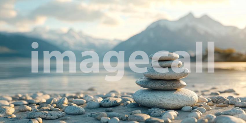 Sunset Stones: Smooth pebbles bask in the warm glow of the setting sun, casting long shadows along a tranquil shoreline, where autumn leaves have settled like fallen stars.