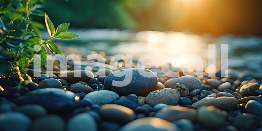 Sunset Stones: Smooth pebbles bask in the warm glow of the setting sun, casting long shadows along a tranquil shoreline, where autumn leaves have settled like fallen stars.