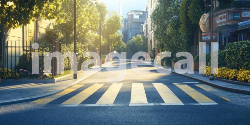 A quiet street awaits, bathed in warm morning light, inviting a leisurely stroll through a charming neighborhood