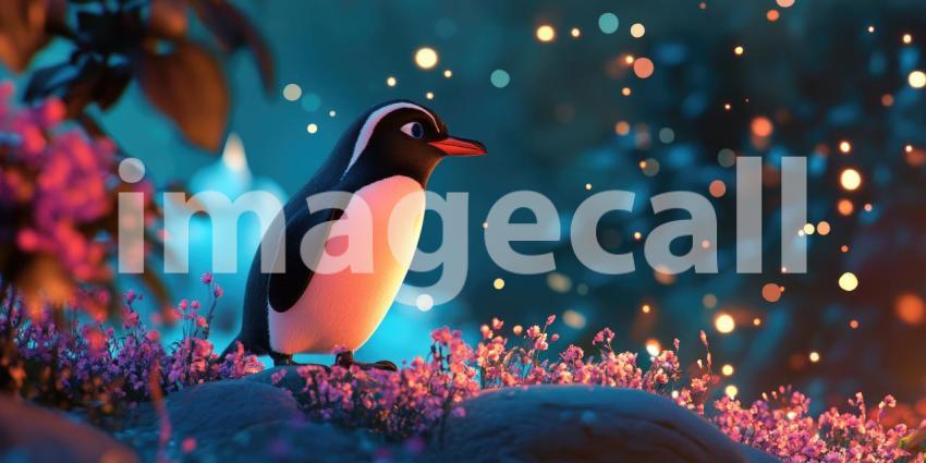 A curious penguin stands tall on a rocky perch, its tuxedo-like plumage contrasting against the lush greenery, ready for its next adventure