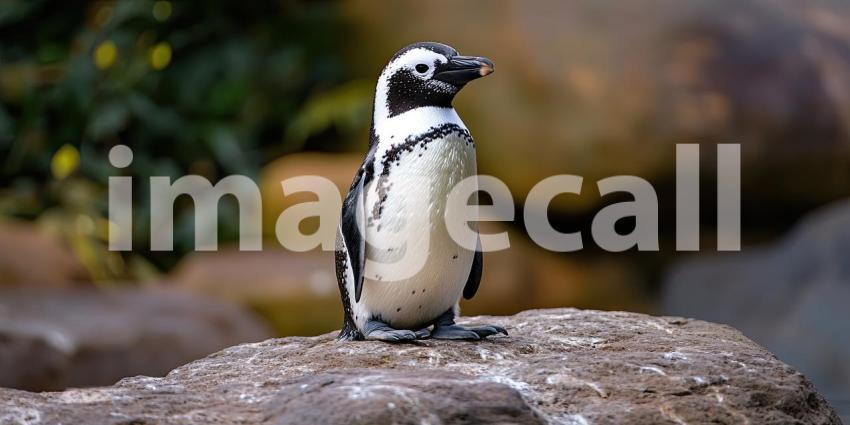 A curious penguin stands tall on a rocky perch, its tuxedo-like plumage contrasting against the lush greenery, ready for its next adventure