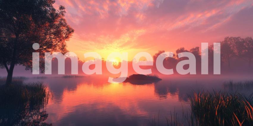 Autumnal Blaze: A fiery sunset paints the sky and reflects on the placid waters of a lake, illuminating the vibrant foliage of the surrounding autumnal landscape.