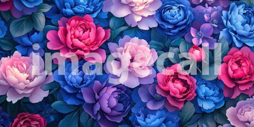 A Tapestry of Blooms: A symphony of vibrant colors and luxurious textures as a profusion of peonies in hues of pink, purple, and blue create a breathtaking floral masterpiece.