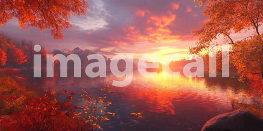 Autumnal Blaze: A fiery sunset paints the sky and reflects on the placid waters of a lake, illuminating the vibrant foliage of the surrounding autumnal landscape.