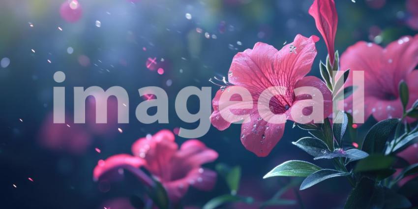 Dew-Kissed Dream: A cluster of vibrant pink flowers, glistening with morning dew, emerges from a sea of emerald green, creating a scene of ethereal beauty.