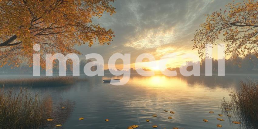 Autumnal Blaze: A fiery sunset paints the sky and reflects on the placid waters of a lake, illuminating the vibrant foliage of the surrounding autumnal landscape.