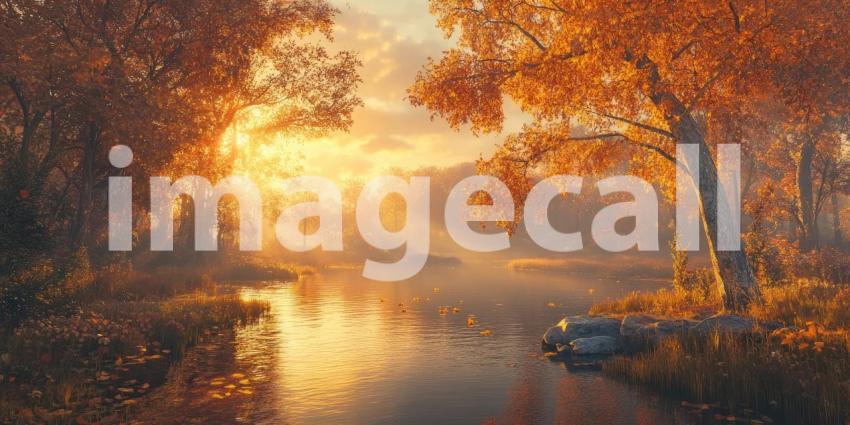 Autumnal Blaze: A fiery sunset paints the sky and reflects on the placid waters of a lake, illuminating the vibrant foliage of the surrounding autumnal landscape.