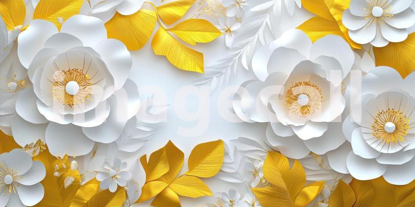Elegant Floral Design with White Paper Flowers and Gold Leaves on a Soft White Background for Wedding Invitations, Greeting Cards, and Decorative Art