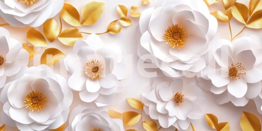 Elegant Floral Design with White Paper Flowers and Gold Leaves on a Soft White Background for Wedding Invitations, Greeting Cards, and Decorative Art