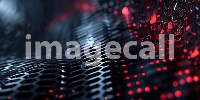 Abstract Geometric Background with Interlocking Black Hexagons and Red Glowing Lights for Technology, Sci-Fi, and Modern Design Concepts