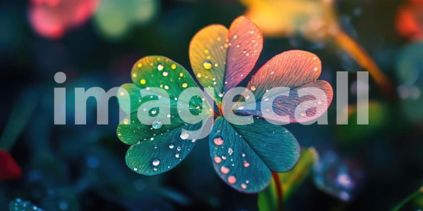 Colorful Oxalis Leaves with Dew Drops, Vibrant Heart-Shaped Foliage, Whimsical Nature, Macro Photography, Botanical Art, Close-up Leaf Detail