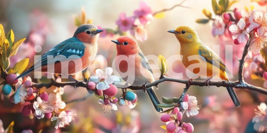 Colorful Finches in Spring Bloom, Perched Birds, Vibrant Plumage, Cherry Blossoms, Whimsical Scene, Nature's Palette, Birdwatching Delight