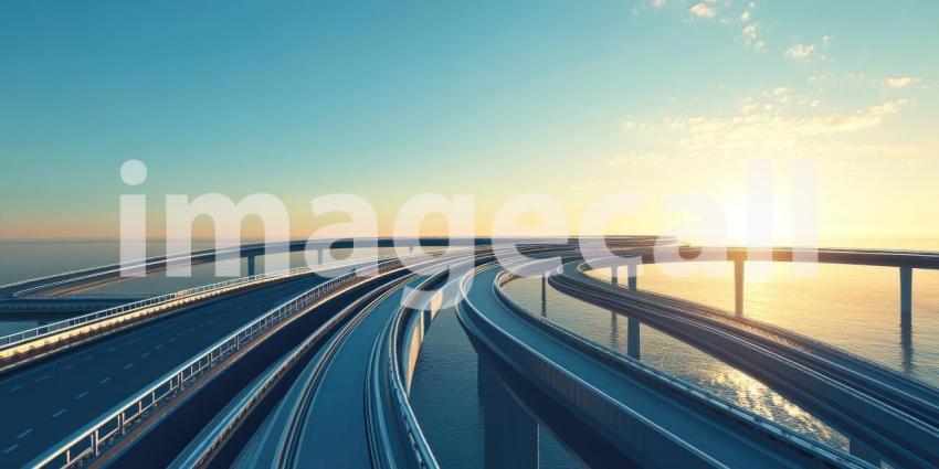 Elevated Highway Curves Over Water at Sunset, Modern Infrastructure and Scenic Ocean View