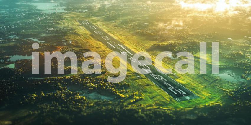 Airplane on a Runway Surrounded by Forest and Lakes, Aerial View at Sunrise