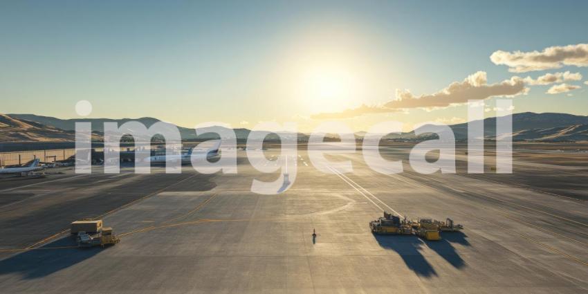 Airplane on Runway at Sunset with Mountains and Golden Light, Aerial View of Airport