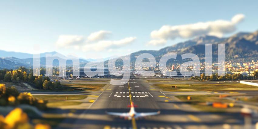 Airplane on Runway at Sunset with Mountains and Golden Light, Aerial View of Airport