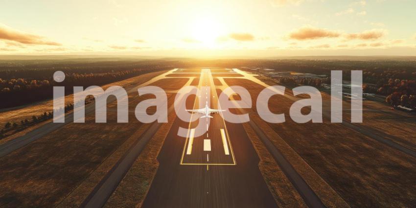 Airplane on a Runway Surrounded by Forest and Lakes, Aerial View at Sunrise