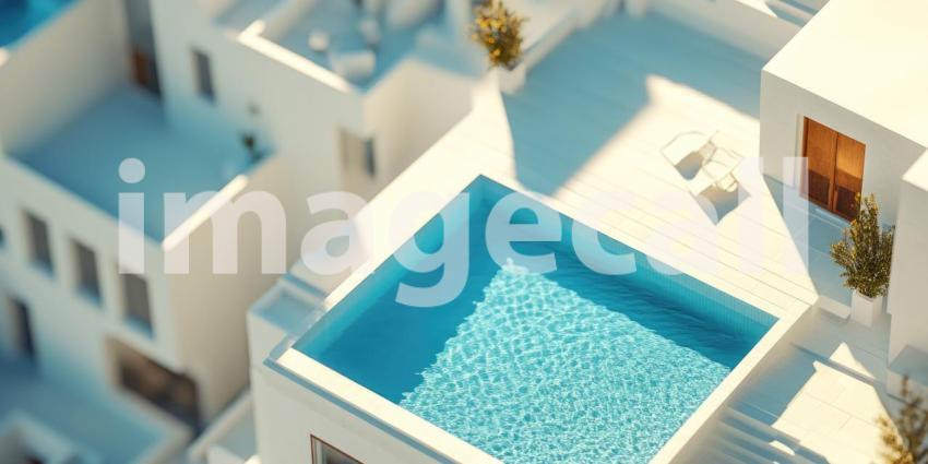 Rooftop Pool with Azure Water in a White-Washed Mediterranean Setting, Aerial View