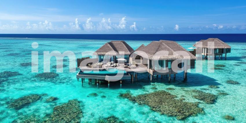 Overwater Bungalows in the Maldives with Crystal Clear Turquoise Waters and Coral Reefs