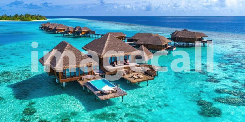 Overwater Bungalows in the Maldives with Crystal Clear Turquoise Waters and Coral Reefs