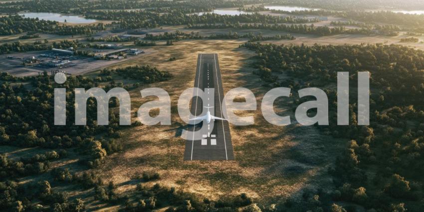 Airplane on a Runway Surrounded by Forest and Lakes, Aerial View at Sunrise