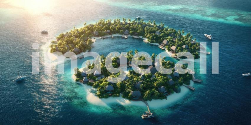 Aerial View of a Tropical Island Resort with Lush Vegetation and Turquoise Waters