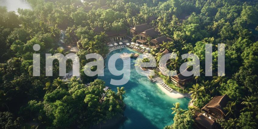 Aerial View of a Tropical Island Resort with Lush Vegetation and Turquoise Waters