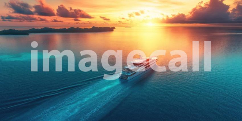 Luxury Yacht Anchored off a Tropical Island at Sunset, Tranquil Ocean Paradise