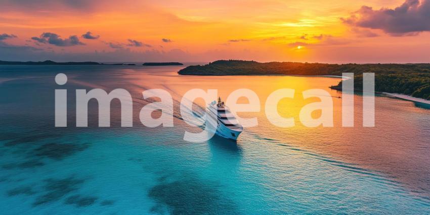 Luxury Yacht Anchored off a Tropical Island at Sunset, Tranquil Ocean Paradise