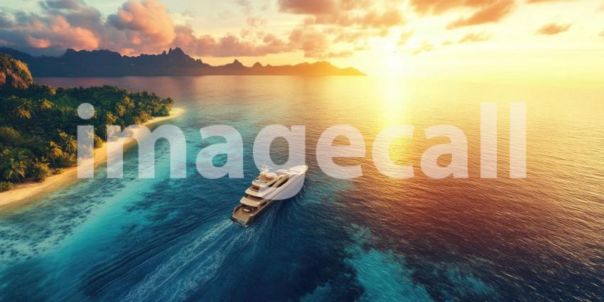 Luxury Yacht Anchored off a Tropical Island at Sunset, Tranquil Ocean Paradise