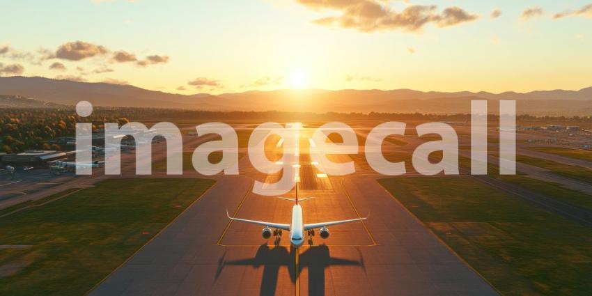 Airplane on Runway at Sunset with Mountains and Golden Light, Aerial View of Airport