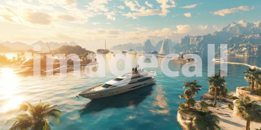 Luxury Yachts Anchored in a Tropical Bay, Sunlit Paradise with Mountains and Palm Trees