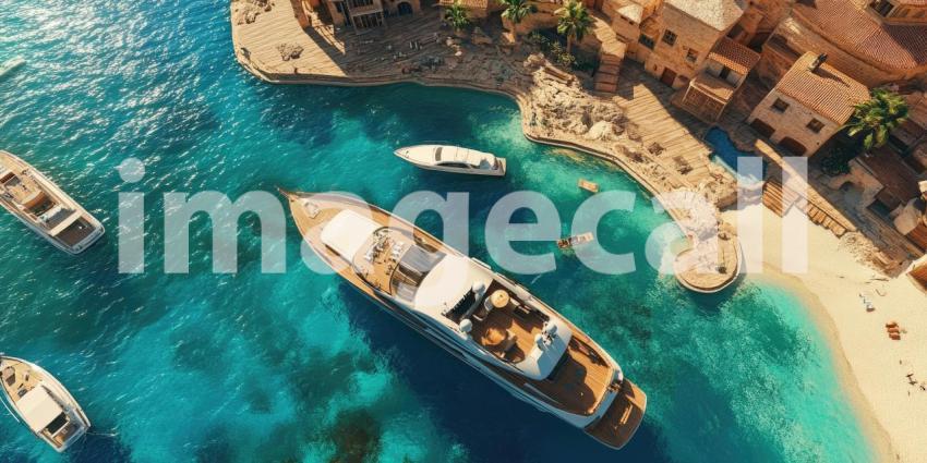 Luxury Yachts Anchored in a Tropical Bay, Sunlit Paradise with Mountains and Palm Trees