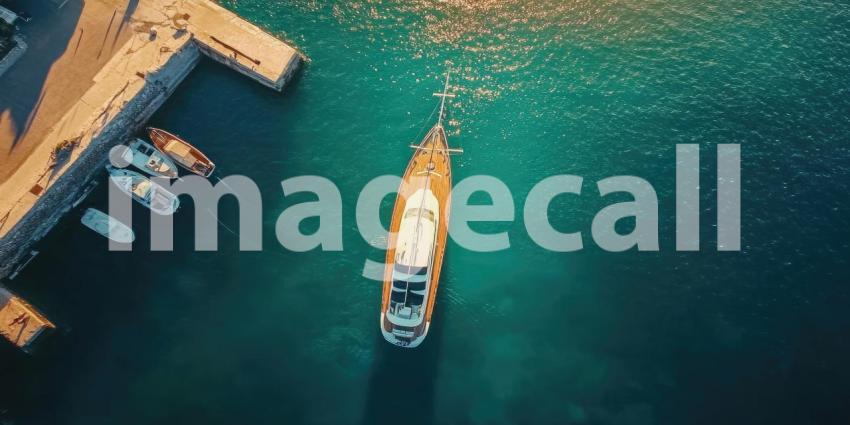 Luxury Yachts Anchored in a Tropical Bay, Sunlit Paradise with Mountains and Palm Trees