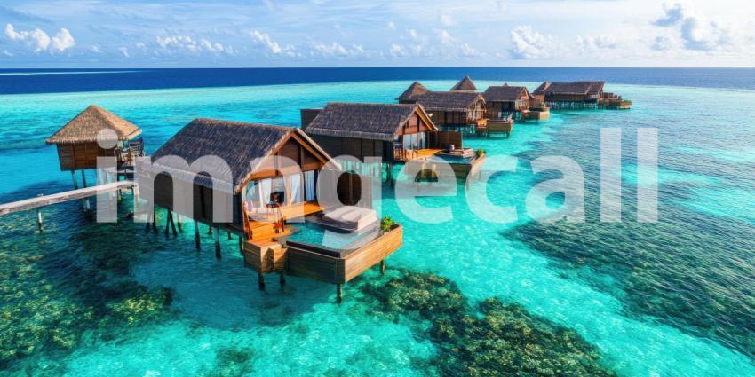 Overwater Bungalows in the Maldives with Crystal Clear Turquoise Waters and Coral Reefs