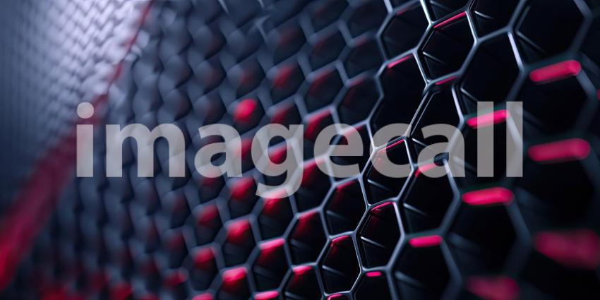 Abstract Geometric Background with Interlocking Black Hexagons and Red Glowing Lights for Technology, Sci-Fi, and Modern Design Concepts