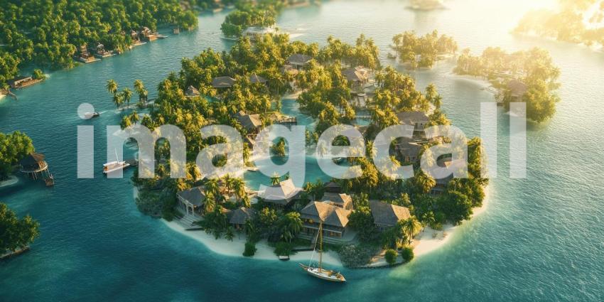 Aerial View of a Tropical Island Resort with Lush Vegetation and Turquoise Waters