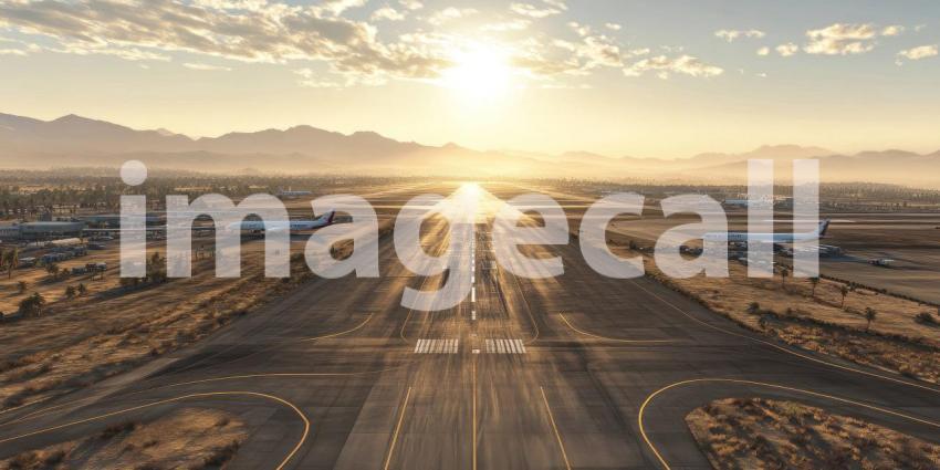 Airplane on Runway at Sunset with Mountains and Golden Light, Aerial View of Airport