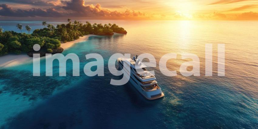 Luxury Yacht Anchored off a Tropical Island at Sunset, Tranquil Ocean Paradise