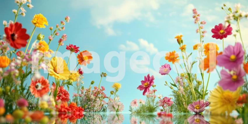Wildflower Meadow Under Blue Sky, Colorful Blossoms, Poppies and Buttercups, Natural Beauty, Sunny Day, Floral Landscape, Springtime Scene, Outdoor Delight