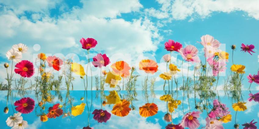 Wildflower Meadow Under Blue Sky, Colorful Blossoms, Poppies and Buttercups, Natural Beauty, Sunny Day, Floral Landscape, Springtime Scene, Outdoor Delight