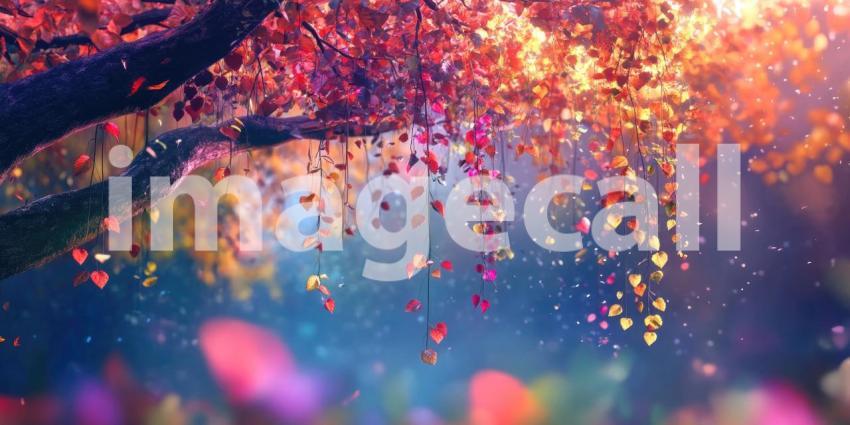 Enchanted Tree with Colorful Leaves, Dreamy Forest Scene, Fantasy Landscape, Vibrant Foliage, Magical Atmosphere, Sunlight Through Leaves