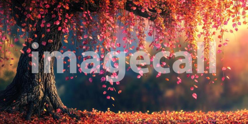 Enchanted Tree with Colorful Leaves, Dreamy Forest Scene, Fantasy Landscape, Vibrant Foliage, Magical Atmosphere, Sunlight Through Leaves