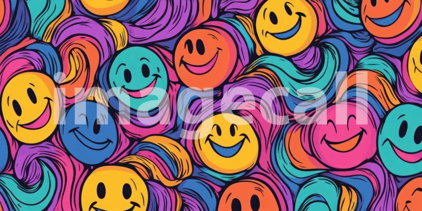 Colorful Smiley Faces Pattern, Happy Emoticons, Cheerful Background, Playful Design, Cartoon Faces, Vibrant Colors, Joyful Illustration, Whimsical Art