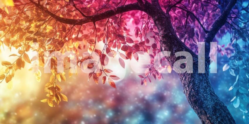 Enchanted Tree with Colorful Leaves, Dreamy Forest Scene, Fantasy Landscape, Vibrant Foliage, Magical Atmosphere, Sunlight Through Leaves