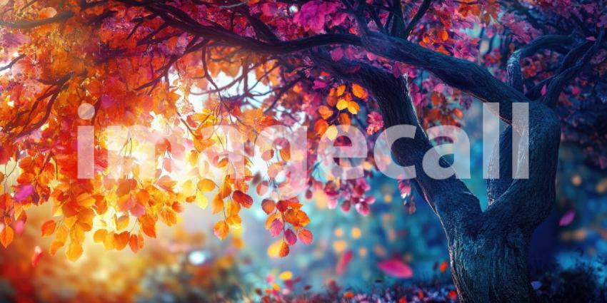 Enchanted Tree with Colorful Leaves, Dreamy Forest Scene, Fantasy Landscape, Vibrant Foliage, Magical Atmosphere, Sunlight Through Leaves